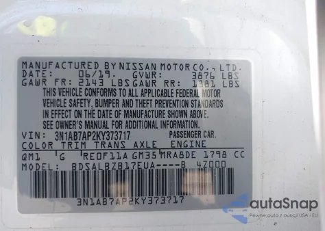 2019 Nissan Sentra S z USA, uszkodzony, nr VIN 3N1AB7AP2KY373717